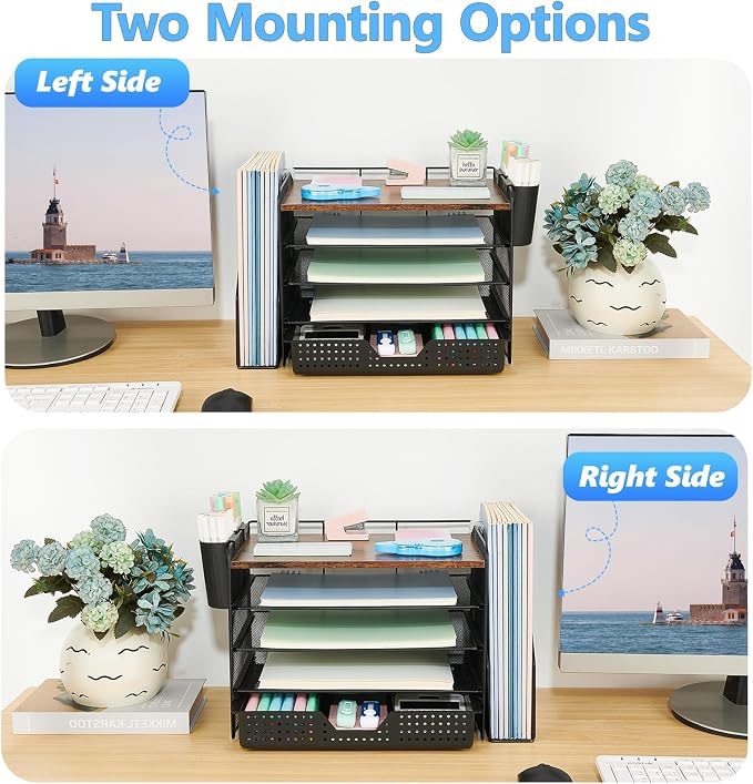 OPNICE Desk Organizer, 5-Tier Desktop File Organizer with Drawer and Pen Holders, Office Desk Accessories, File Sorters, Workspace Organizers for Office Supplies(Wood)
