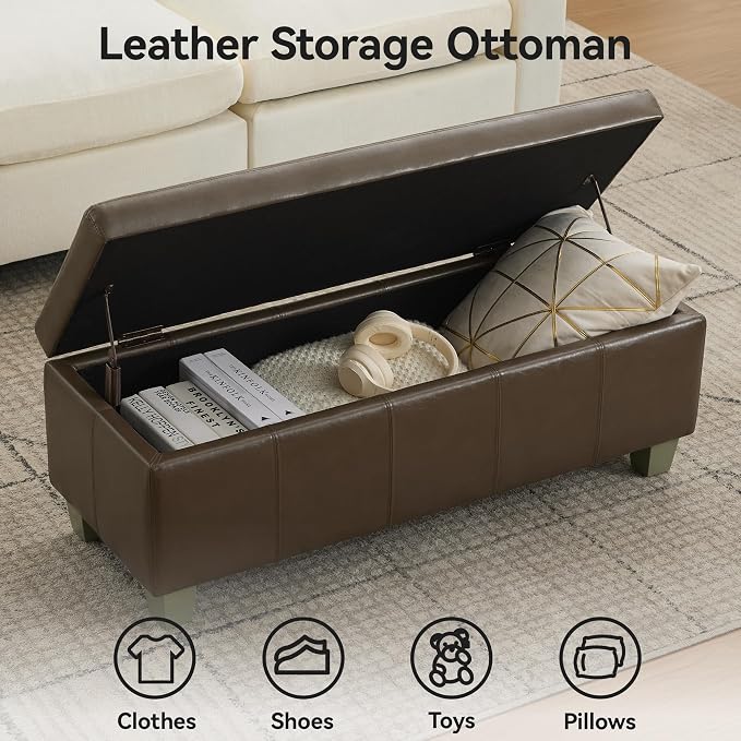 WUTUTUEE 41" Faux Leather Storage Ottoman, Stitch Tufted Rectangle Upholstered End of Bed Storage Bench, Entryway Large Couch Ottoman with Wooden Legs, Coffee