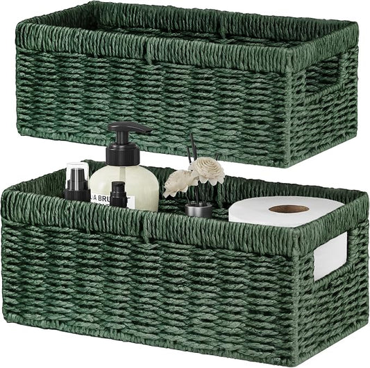 Wicker Storage Basket, 2-Pack Paper Rope Wicker Baskets with Handles, Toilet Paper Basket for Toilet Tank Top, Small Wicke Baskets for Organizing Decor Storage Bins for Shelves, Green