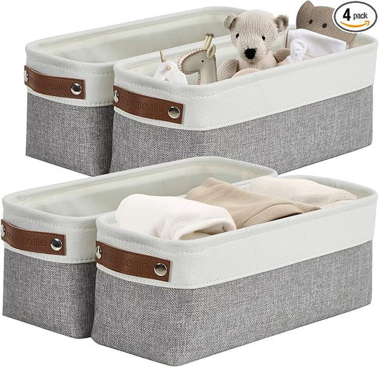 DECOMOMO Narrow Storage Bins, Small Storage Baskets for Shelves 4 Pack | Baskets for Organizing Bathroom, Toilet Tank, Gifts (Grey and White)