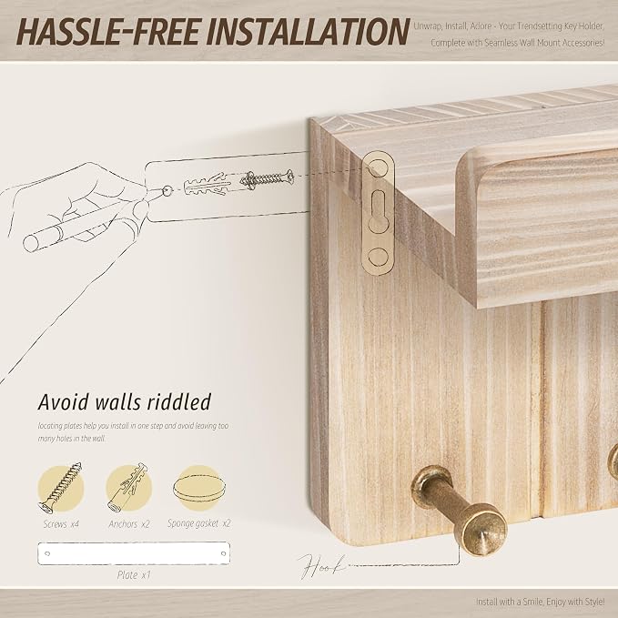 Rebee Vision Key Holder Wall Mount with 4 Hooks for Entryway, Natural Wood | Key and Mail Holder for Wall, Mini Floating Shelf, Mail Organizer, Perfect for Apartment Essentials, Compact Storage