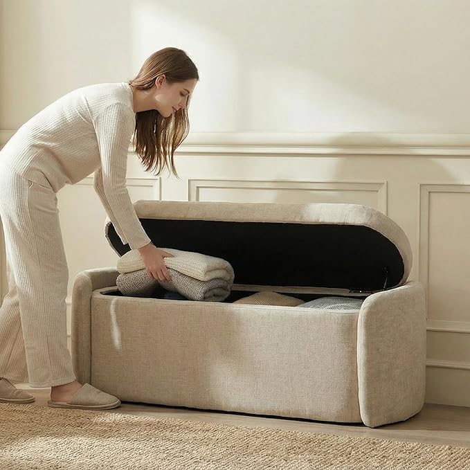 VKNOW Storage Bench, Upholstered Storage Ottoman Bench with Hinge, Khaki | Ottoman Bench with Large Capacity, Curved Frame, Soft Fabric, Storage Bench for Bedroom, Living Room, Entryway, Window