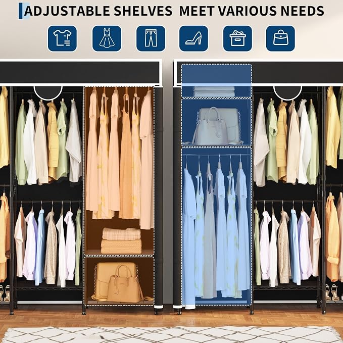 Heavy Duty Garment Rack 1100lb Load Closet Wardrobe with Cover Clothes Rack for Hanging Clothes with Adjustable 7 Shelves & 5 Hanging Rods 76" H X 73" L X 17" W Black