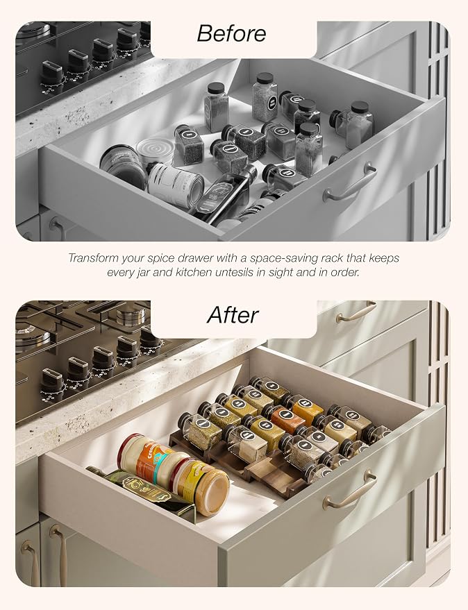 Tinamo Acacia Wooden Spice Rack Organizer for Cabinet - Spice Drawer Insert, Spice Organization for Cabinet, Seasoning Organizer, Spice Holder Pack of 4 (Walnut, Pack 4) | Acacia Wood Construction, No assembly, Stackable 4-tray Design, Spacious for up ...