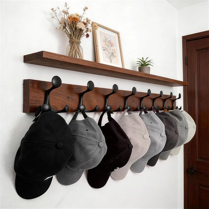 WEBI Coat Rack Wall Mount,43" Solid Wood Coat Hooks Wall Mounted Coat Hanger,16" Hole to Hole,Heavy Duty 8 Triple Hooks for Hanging Coats,Jacket,Hat,Backpack,Farmhouse,Reddish Brown