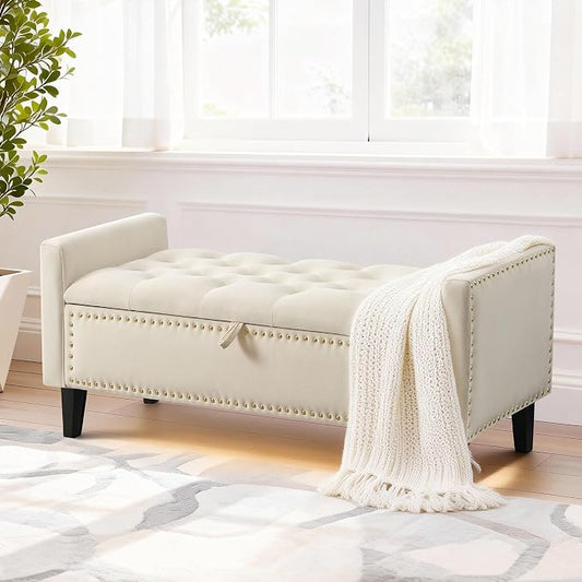 47in Velvet Storage Ottoman Bench with Arms, Upholstered Storage Bench with Wooden Legs, Storage Bench for Bedroom, Living Room, Beige