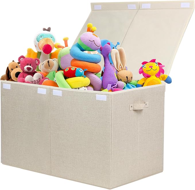 122L Large Toy Box Chest Storage with Lid, Collapsible Kids Toy Storage | Toy Chest with with Removable Divider for Kids, Boys, Girls, Nursery, Living Room, Bedroom, 26"x17" x17" (Linen Beige)