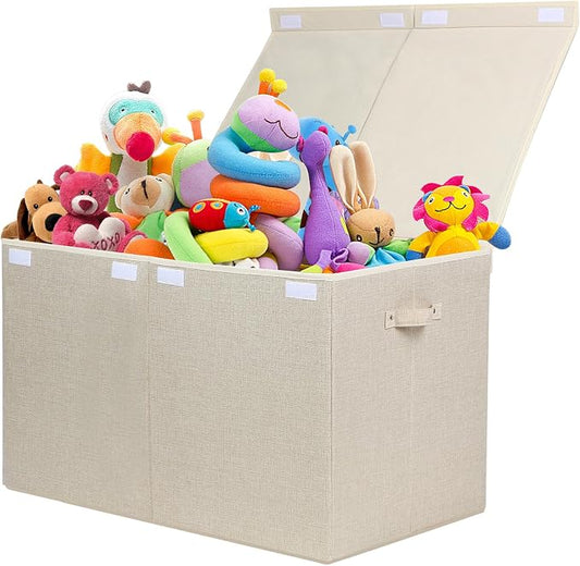 122L Large Toy Box Chest Storage with Lid, Collapsible Kids Toy Storage | Toy Chest with with Removable Divider for Kids, Boys, Girls, Nursery, Living Room, Bedroom, 26"x17" x17" (Linen Beige)