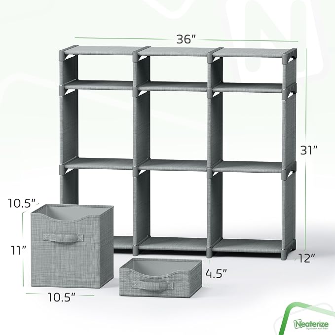 Cube Storage Organizer with Storage Bins Included - The Perfect Closet Organizers and Storage Solution. Includes 9 Storage Cubes, Great For Toy Storage, Closet Storage, Clothes Storage (Grey)