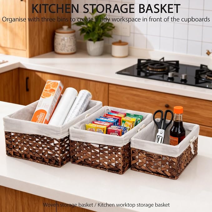 Water Hyacinth Storage Baskets Set of 3 with Metal Frame & Removable Liner, Large Medium Small Rectangular Woven Organizer Bins for Closet, Bedroom, Bathroom, Kitchen, Home Organization