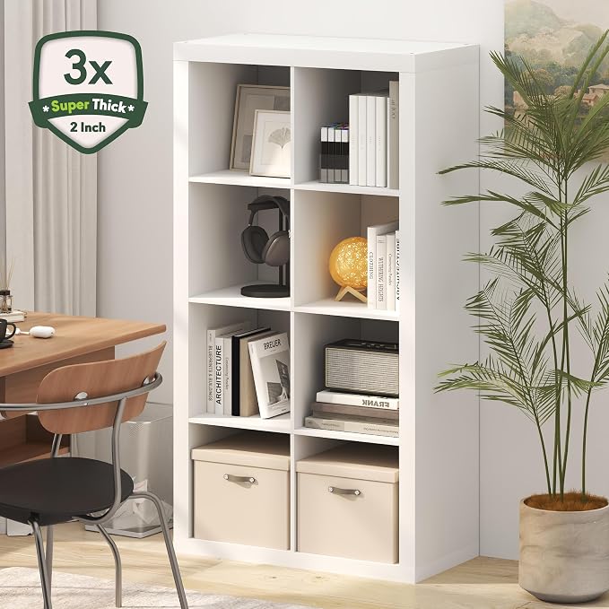Furinno Cubicle Book Shelf, 8-Cube 2-Inch Super Thick Frame Bookshelf, Reversible Bookcase, Cube Storage Organizer with Open Back, 15.4 x 30.8 x 57.5, for Living Room, Bedroom, Home Office, White