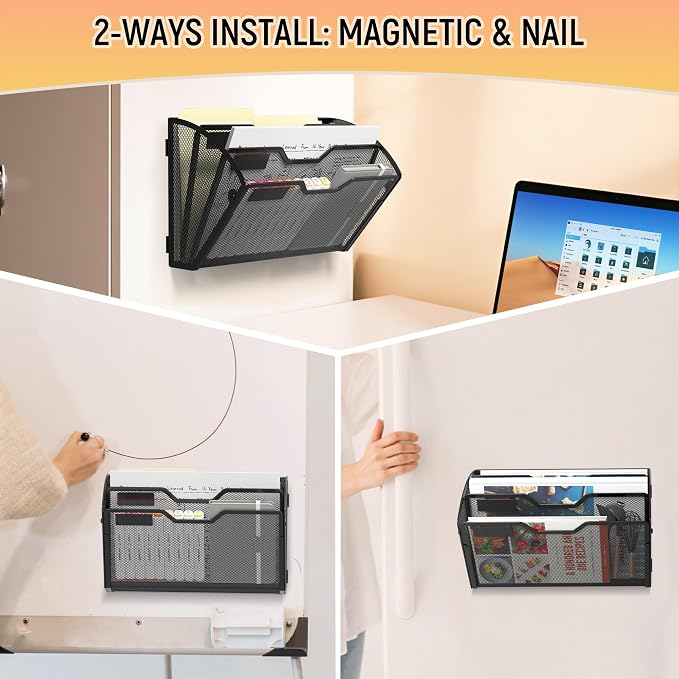 Docnest 3 Pack 3 Tier Dual-Mount Magnetic Mesh File Holders, Wall Organizer | Mount magnets or screws. 2-in-1 hanging mesh mail letter organizer with hooks for office and home clutter