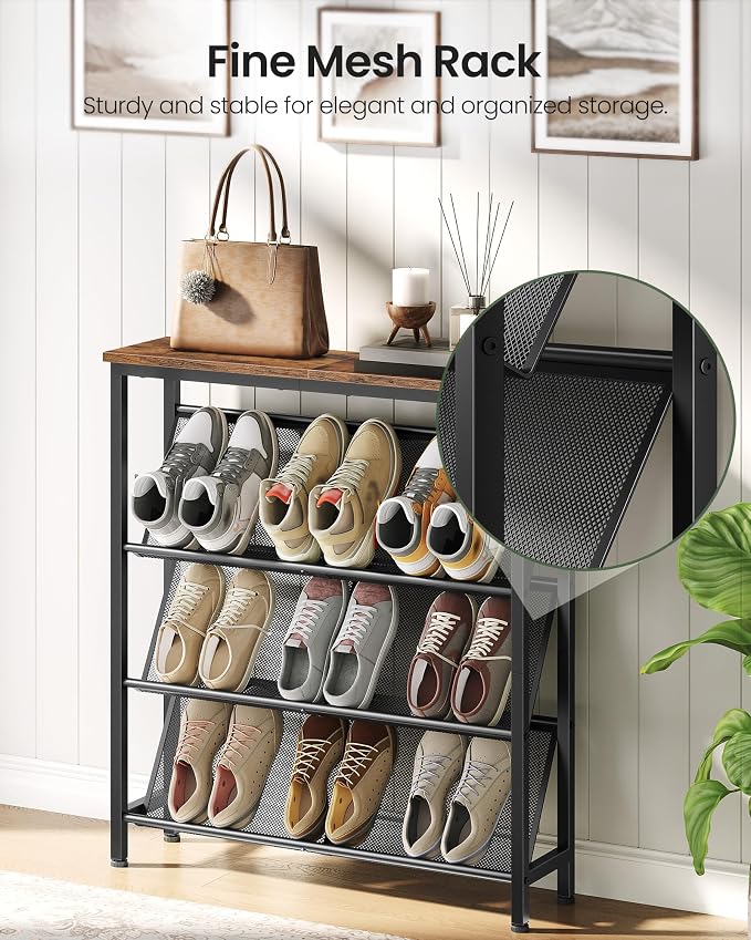 CHOEZON Shoe Rack, 4-Tier Slanted Shoe Storage Shelf, Narrow Shoe Rack for Entryway, Shoe Organizer with Adjustable Feet, Slim Shoe Shelf with Wooden Top and Metal Frame Rustic Brown and Black TXJ75BF