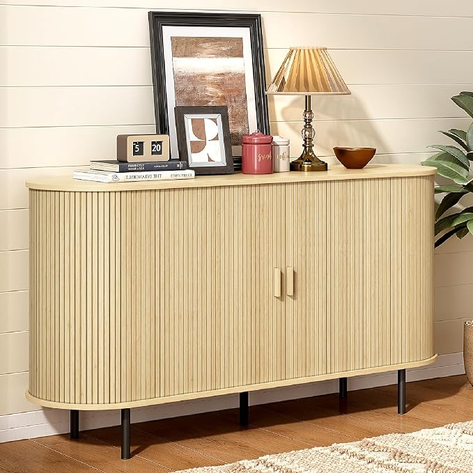 55" Sideboard Buffet Cabinet with Storage, Sliding Door & Adjustable Shelf, Modern Accent Coffee Bar Console Table for Kitchen, Entryway, Oak
