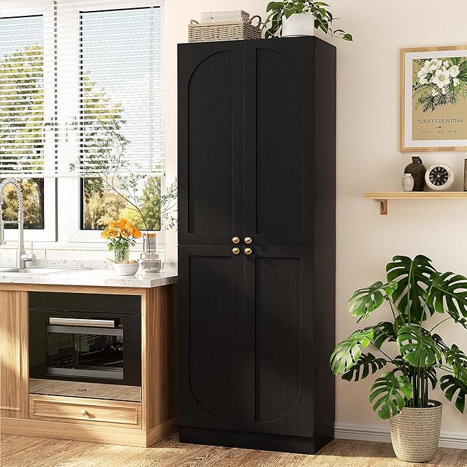 Cyclysio 80" Kitchen Pantry, Extra Tall Arch Storage Cabinet with 8 Soft Close Doors and Adjustable Shelves, Freestanding Wood Cupboard with Seamless Fit Wall for Dining Living Room Bathroom Furniture