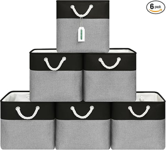 ECDYQXVU 13x13x13 Inch Storage Cube Bins Foldable Organizer Baskets 6 Pack | Soft Cotton Handles, Premium EVA Fabric, Hard Cardboard Bottom, Sturdy Metal Rim, Closet Shelf, Living Room, Bedroom, Laundry