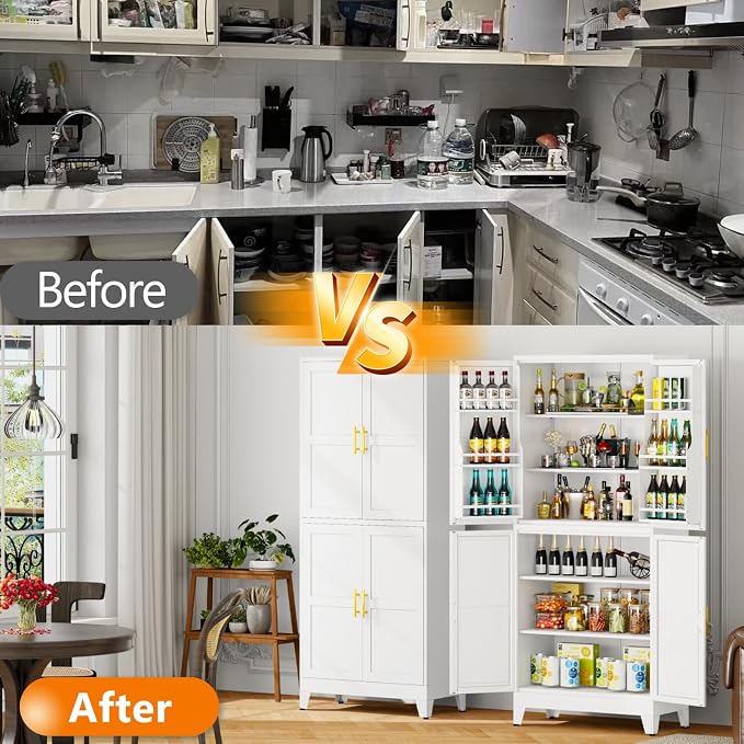 GAIOUS 74.8" Tall Metal Food Cabinet, White Kitchen Pantry Cabinet, Storage Cabinets with 4 Door and 4 Adjustable Shelves, Steel Freestanding Cupboard for Kitchen Dining Room Living Room Bathroom