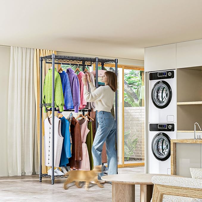 M MZG Heavy Duty Rolling Garment Rack 3 Tiers Adjustable Wire Shelving Clothes Rack with 3 Rods and Side Hooks,Storage Closet Clothing Rack Black 15.7" D x 43.3" W x 76.5" H