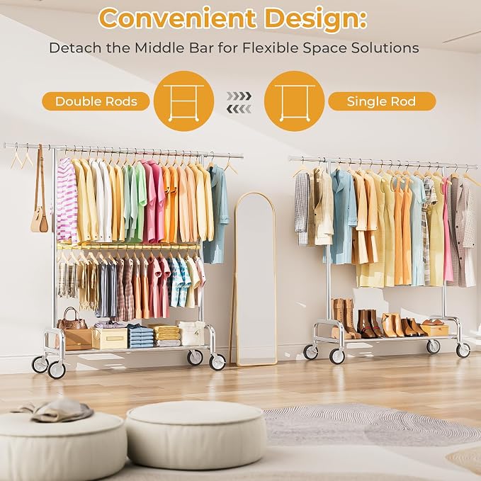 Heavy Duty Clothes Rack Load 860LBS, Double Rods Rolling Clothing Racks for Hanging Clothes, Rolling Garment Rack With Sturdy Wheels Shelves, Portable & Adjustable Commercial Garment Rack, Silver