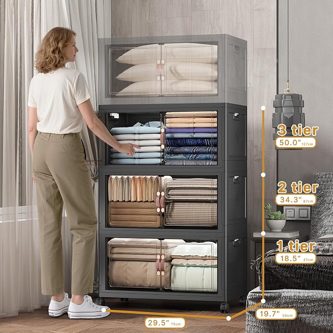 Stackable Storage Bins with Lids, 504QT Closet Organizers and Storage Cabinet with Doors & Wheels, Lockable Plastic Foldable Drawers for Bedroom Dorm Office Garage（168QT*3,Black）