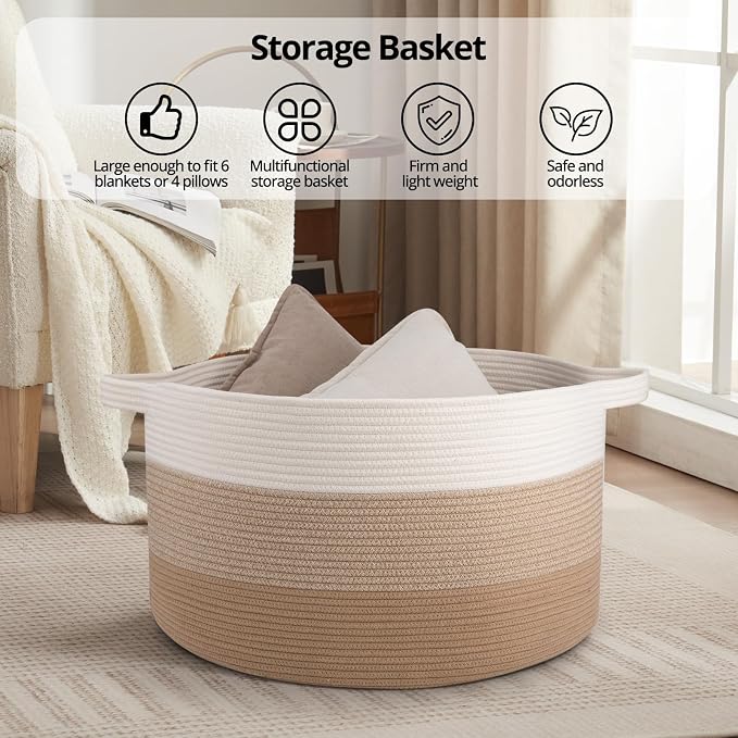 OIAHOMY 90L Extra Large Blanket Basket - Decorative Cotton Rope Storage Basket for Bedroom, Living Room & Nursery - Woven Laundry Hamper for Organizing Blankets, Clothes & Toys - Gardient Light Brown