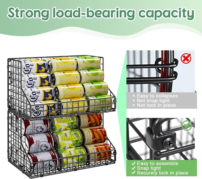 4 Pack Stackable Can Rack Organizer for Pantry Storage,Can Dispensers with 4 Adjustable Dividers, 2-Tier Metal Wire Basket Holds up to 84 Cans for Kitchen Cabinet Pantry, Black