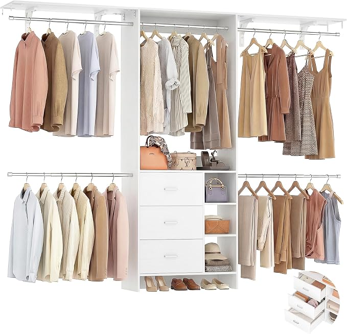 Aheaplus Closet System, Closet Organizer with 3 Wooden Drawers, 8FT Closet Organizer System, 96’’ Walk-in Closet Wardrobe Clothes Rack with Hanging Rods, Garment Rack, Fits 5.3-9 ft, -W3,White