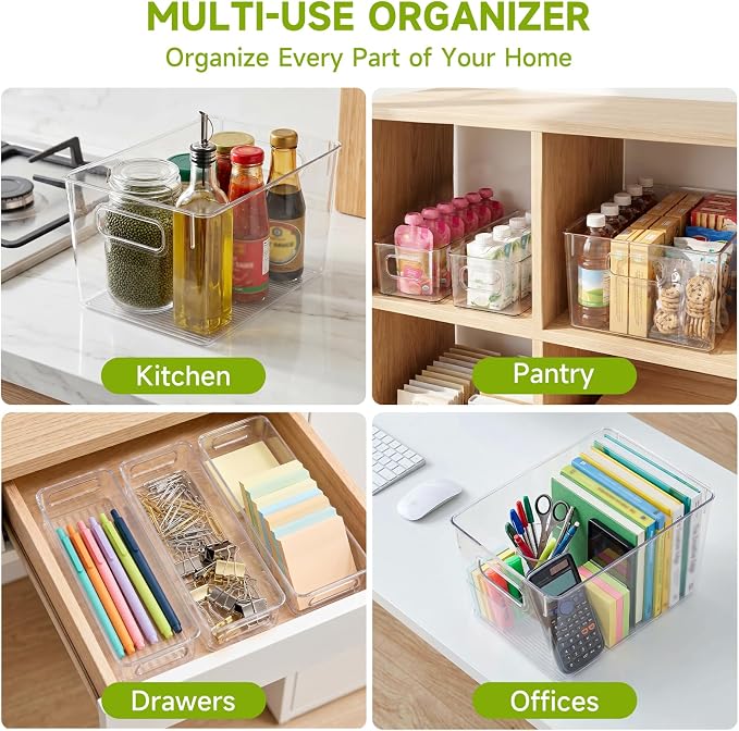 YKIOKE 8 Pack Clear Plastic Storage Bins with Handles,4 Large and 4 Small Stackable Organizer Containers for Kitchen, Countertops, Cabinets, Fridge, Drinks, Fruits, Vegetable, Cereals