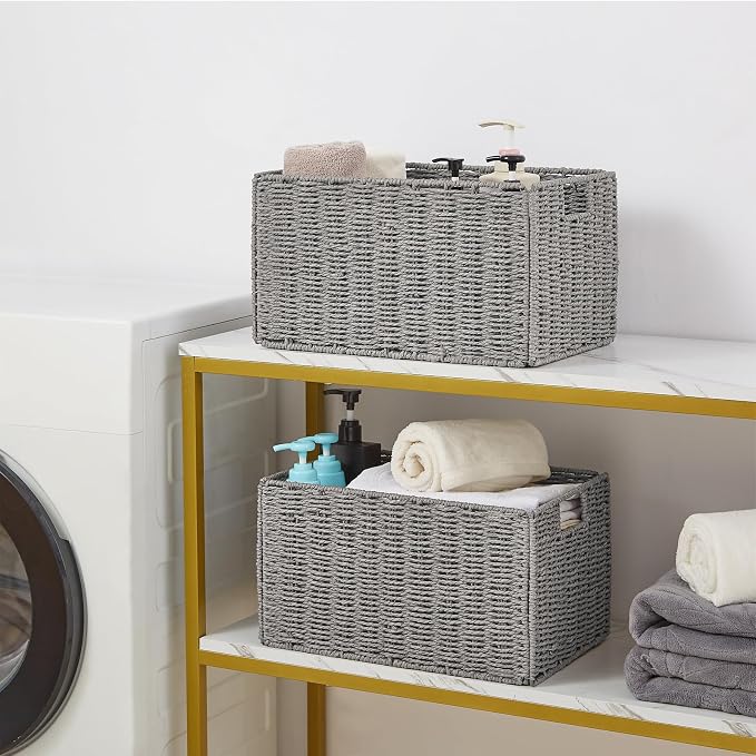 Vagusicc Wicker Storage Basket, Set of 2 Hand-Woven Paper Rope Wicker Basket, Small Storage Baskets for Organizing Toilet Paper Basket, Foldable Large Cube Storage Organizer Bins for Shelves (Grey)