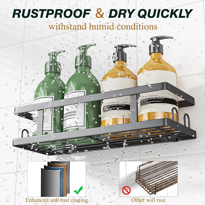Youvip Adhesive Shower Caddy,Shower Shelves with Soap Holder and 12 Hooks,Rustproof No Drilling Bathroom Organizer and Storage,Black,3 Pack