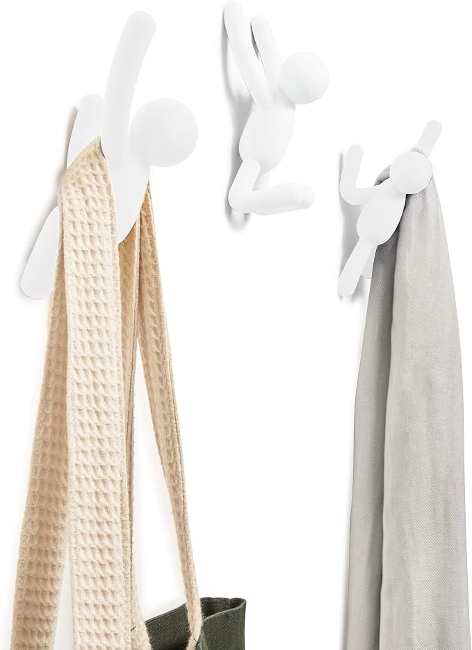 Umbra Buddy Wall Hooks, Decorative Wall Mount Coat Hooks, Set of 3, White | Easy install with hardware, holds 5lbs per hook, entryway bedroom bathroom dorm, playful hanging storage, recycled plastic
