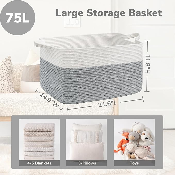 Goodpick Large Cotton Rope Toy Storage Basket, Rectangle, White Gray | 21.6 x 14.9 x 11.8 in, Reinforced Handles, Living Room, Nursery & Bedroom Organization, Toys, Blankets & Clothes Storage