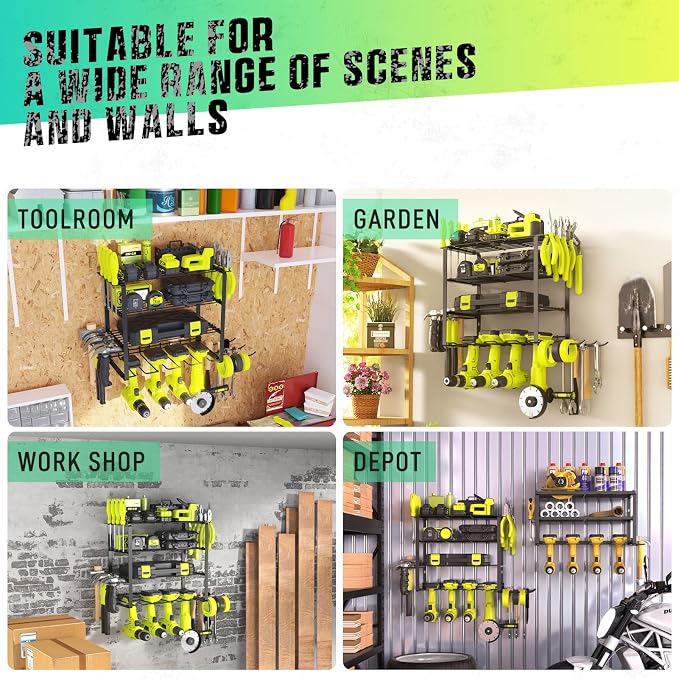 SUNALLY Power Tool Organizer, 4 Drill Holder Wall Mount Tool Storage Rack | Metal Tool Storage Rack with 4 Drill Holders, Heavy Duty Power Tool Shelf for Garage,Warehouse,Workshop, Gift for Men,Husband