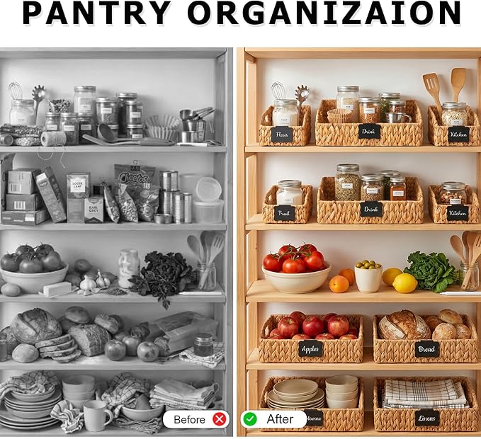 Wicker Baskets for Organizing,Pantry Baskets with Built-in Handles, Handwoven Wicker Storage Basket, Water Hyacinth Storage Bins for Shelves, 3 Pack, Natural 4 Set