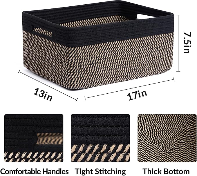 MiniArk Large Storage Baskets for Shelves, 17 x 13 x 7.5” Closet Organizers Bins for Clothes Blanket Towels, Baby Nursery, Toy Baskets Box, Woven Rope Baskets, 2 Packs Woven Brown