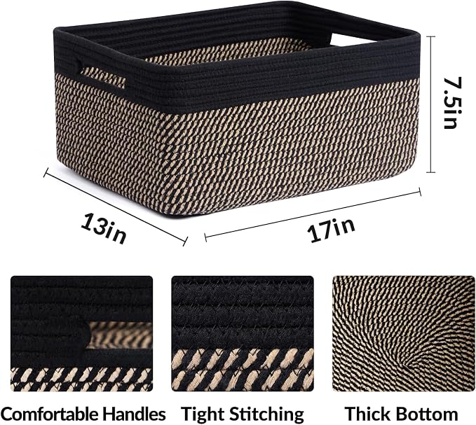 MiniArk Large Storage Baskets for Shelves, 17 x 13 x 7.5” Closet Organizers Bins for Clothes Blanket Towels, Baby Nursery, Toy Baskets Box, Woven Rope Baskets, 3 Packs Woven Brown