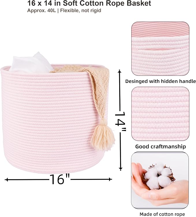 XUANGUO Cotton Rope Basket For Girls Kids 16”X14” pink | Baby Laundry Baskets, Blanket Basket, Nursery Bin; Round Woven Basket Organizer for Toy Storage, Blankets, Shoes and Clothes