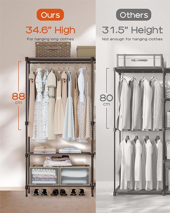 CASAMAYA Clothes Rack, Portable Closet, 44.9 Inch Large Capacity Wardrobe Closet, Clothes Storage Organizer with Shelves and 2 Hanging Rods, Easy to Assembly, Black PCT021B01