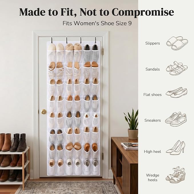 48 Pockets Over The Door Shoe Organizer, Large Mesh Hanging Shoe Rack, 6-Column Heavy Duty Shoe Storage for Sneakers and Heels, Behind Door Holder for Entryway Bedroom Dorm College, White