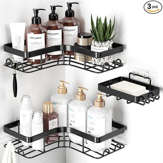 Sakugi Corner Shower Caddy - 3-Pack Shower Organizer with Soap Holder & Built-In Hooks, Rustproof Metal Shower Shelves, Laundry, Kitchen, Bathroom Organizers and Storage Solution, Large, Black