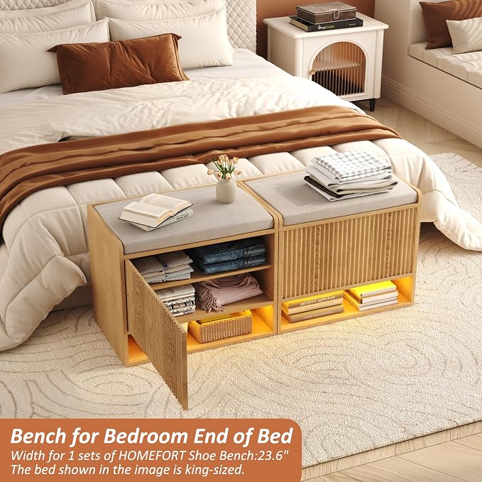 HOMEFORT 23.6" Fluted Shoe Storage Bench, Small Entryway Bench with Linen Seat Cushion, Shoe Cabinet Bench with Adjustable Shelf and Built-in LED Sensor Light, Bench for Bedroom End of Bed,Natural Oak