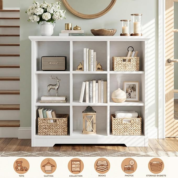Aheaplus Wooden 9-Cube Storage Organizer with Charging Ports, Modern Cube Bookcase with Base, 4-Tier Floor Standing Open Cubbies Bookshelf, Cubicle Display Shelf for Home and Office, White