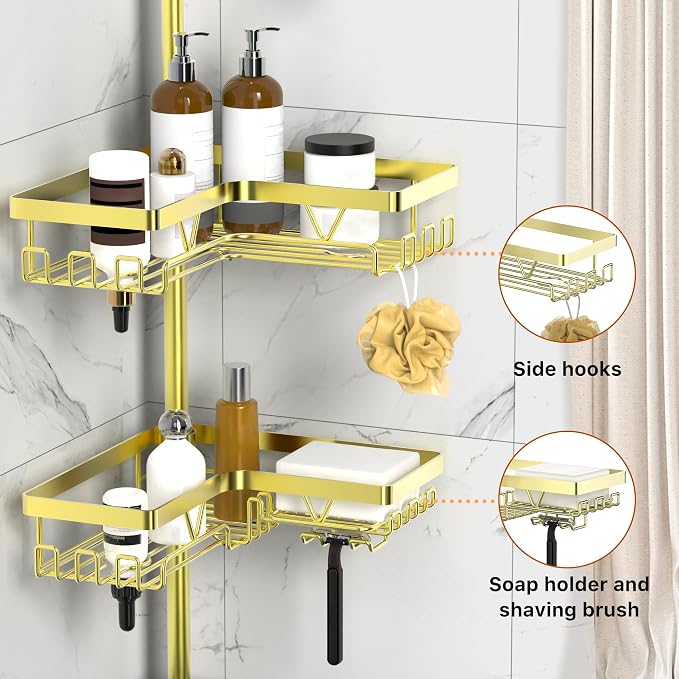 KEGII Corner Shower Caddy Tension Pole, Bathroom Storage Rack, Gold | Stainless Steel 4-Tier Shower Shelf with Hooks and Soap Holder, Waterproof Rustproof Organizer for Renters and Families