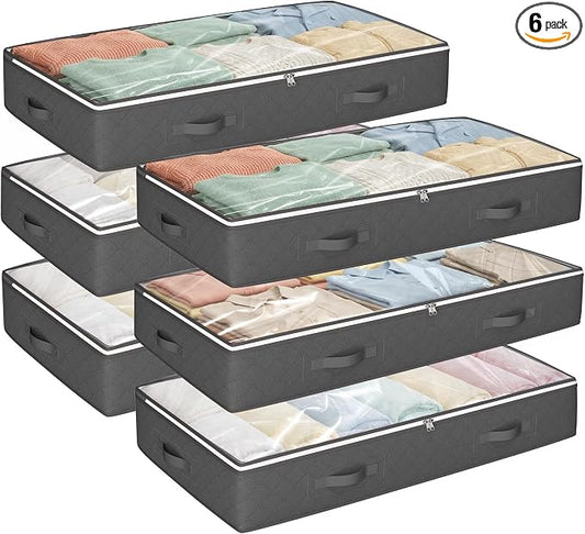 Budding Joy 90L Under Bed Storage Containers, 6 Pack Storage Bins, Grey | Foldable underbed storage bins for linen sheets, blanket, clothing, comforter, sweaters, pillows, wrapping paper