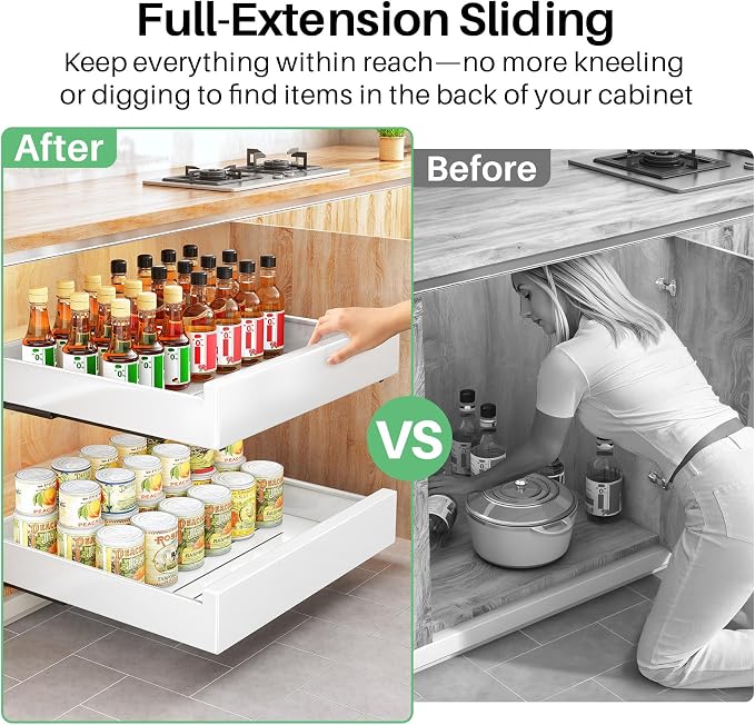 Pull Out Cabinet Organizer with Nano Adhesive, Heavy Duty Full-Extension Slide-Out Drawer for Kitchen Cabinet Organizers and Storage, No Drill Roll out Pantry Shelf, 22.4"W x 16.9"D x 3.1"H , White