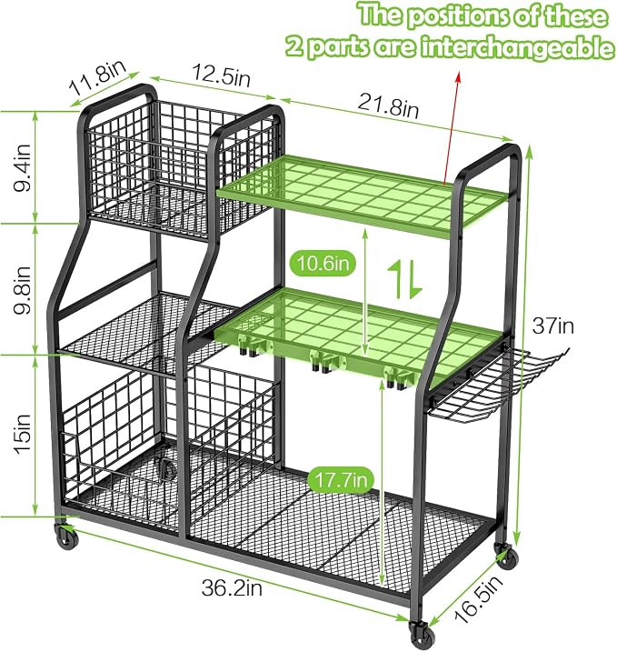 keomaisyto Garden Tool Holder Organizer with Heavy Duty Wheels for Garage | Large Yard Tool Organizer with 2 Baskets, Utility Garden Tool Rack for/Shed/Garage/Yard/Basement/Lawn