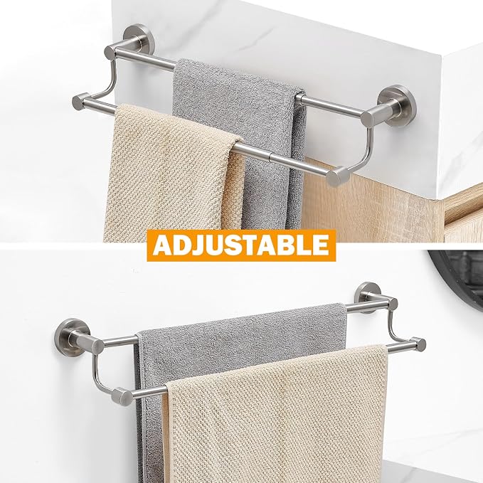 BESy Double Towel Bar Towel Rack for Bathroom Wall Mounted Brushed Nickel | Adjustable 16-26 In,Wall Mounted Towel Holder, Stainless Steel, Rustproof, Towel Bar Rod Hanger Hardware Accessories Hotel