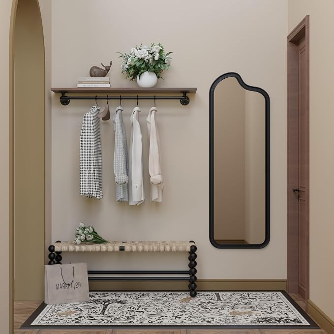 Clothes Rack 48in, Wall Mounted Garment Rack with Solid Walnut Wood Shelf, Heavy Duty Hanging Clothes Rack, Multi-Purpose Hanging Rod, Space-Saving Closet Storage