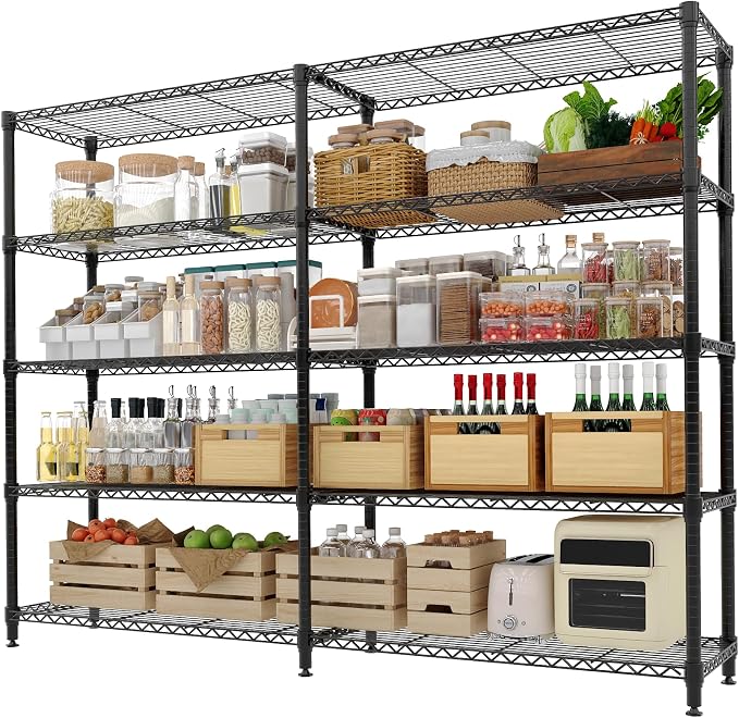 Garvee 71" Wide Storage Shelves Metal Shelving Units 5 Tier, 1325LBS | Heavy Duty & Adjustable Wire Shelving Rack, Standing/L-shaped, Use for Garage Kitchen Pantry Warehouse, Black