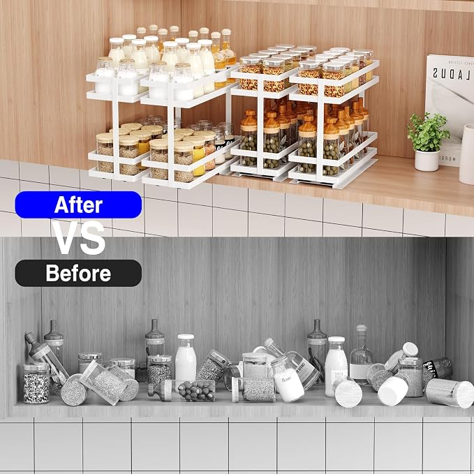 Mustorn 4 Pack Pull Out Spice Rack Organizer for Cabinet, 2 Tier Metal Slide Out Seasoning Organizer and Storage Heavy Duty Vertical Spice Rack Shelf Pullout for Kitchen Cabinets No Drilling (White)